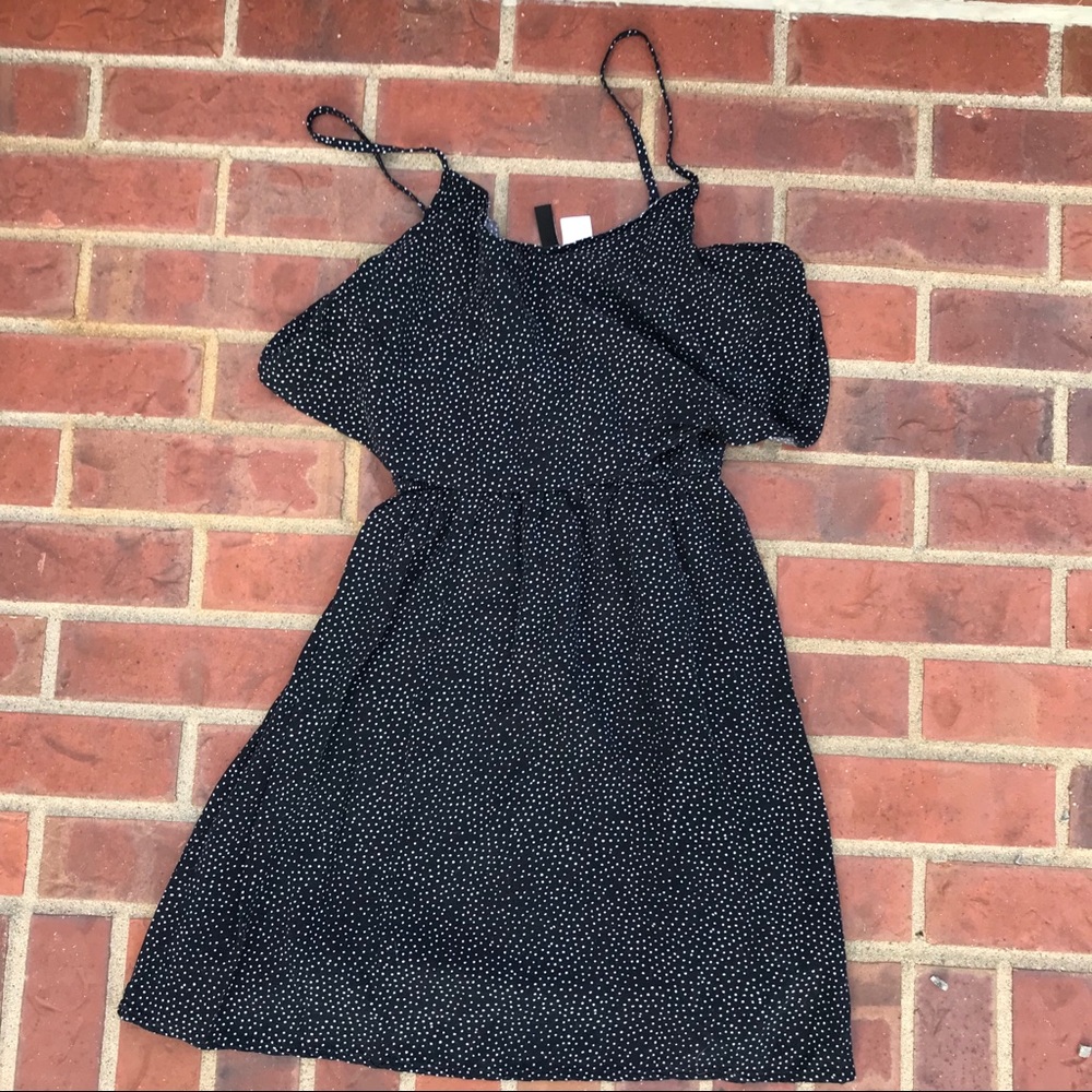 Polka dot ruffle navy blue skater dress